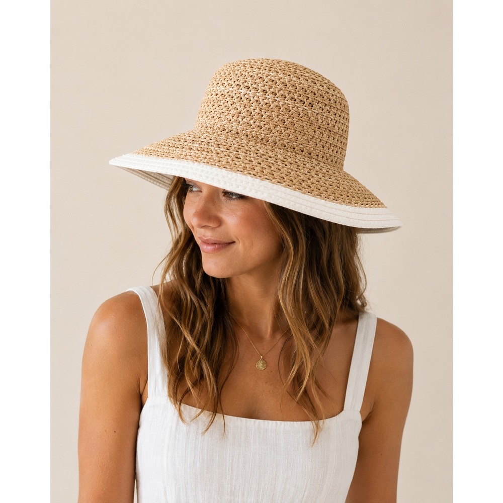 il Cappellaio Woven Straw Sun Hat Wide Brim‎ Beige White Women's Size (57)